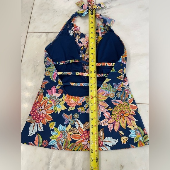 Bleu by Rod Beattie, womens 8, tankini top ruffles halter neck floral navy blue - Picture 3 of 7